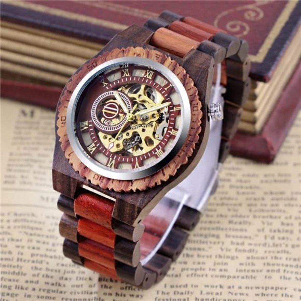 Men's Wooden Watch Skeleton Automatic Movement Wood Watch Self-Winding Watches